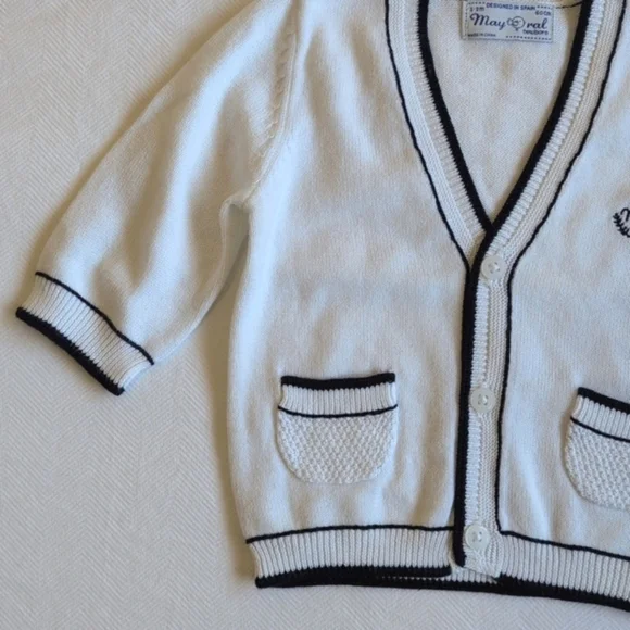 mayoral preppy white cotton knit cardigan sweater with navy trim 1-2 months baby - Picture 4 of 7